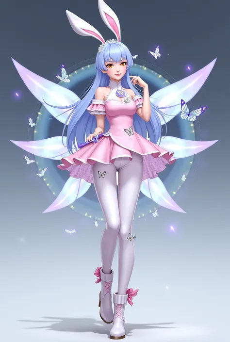 ## Character Design: Lam Ngân Tinh Nữ

**Style:** A fusion of modern and classic elements with an ethereal appeal.

---

### 1. Outfit
- **Modern Ao Dai:** Soft pink with blue hues featuring layered skirts with butterfly and spring flower motifs, emitting ...