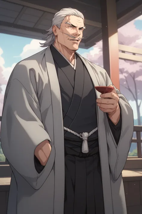 Mature daddy, muscular, mustache, grey hair, kimono 