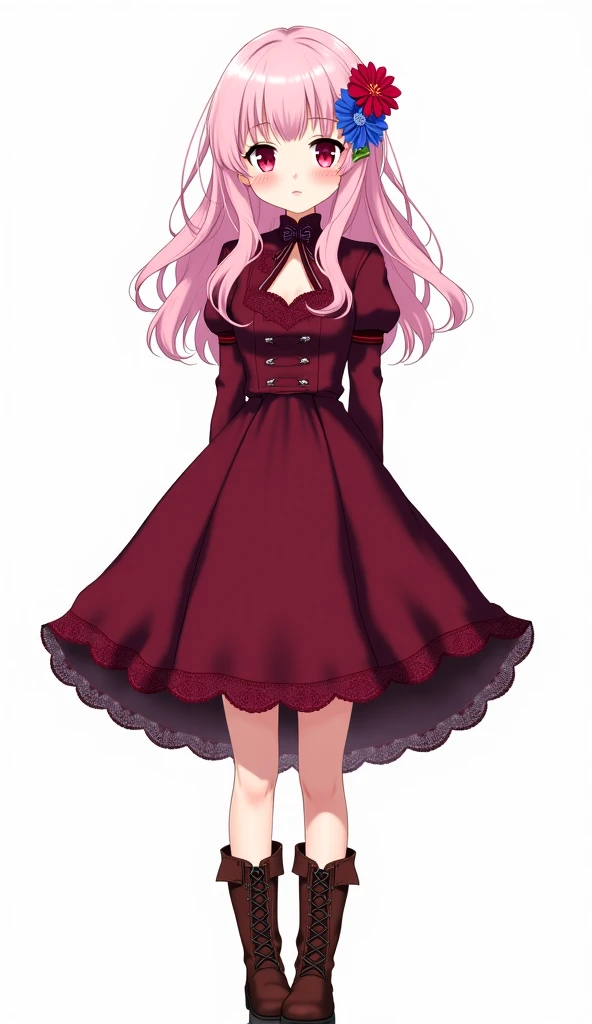 an anime girl, light pink hair, long hair, blue flower shaped hair clip, red flower shaped hair clip, pink eyes, wine red gothic dress, brown boot, white background , front shot.