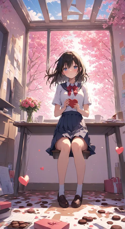  Masterpiece,  high quality,  high resolution, 16k,  colorful、 hyperreality 、Makoto Shinkai illustrations,  exquisite background ,   Valentine's Day 、chocolate、Confession、  girl、 school uniform