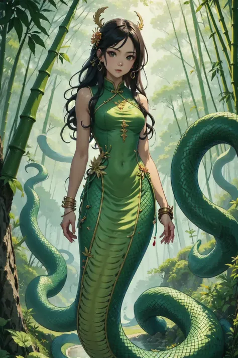 Snake pattern ,  three Chinese women ,  long dark hair ,  golden snake hairpin ,  scarlet silk cheongsam,  emerald scale embroidery ,  jade green oblique eye ,  iridescent snake ,  turquoise scales ,  circling pose ,  bamboo forest in the fog ,  floating l...