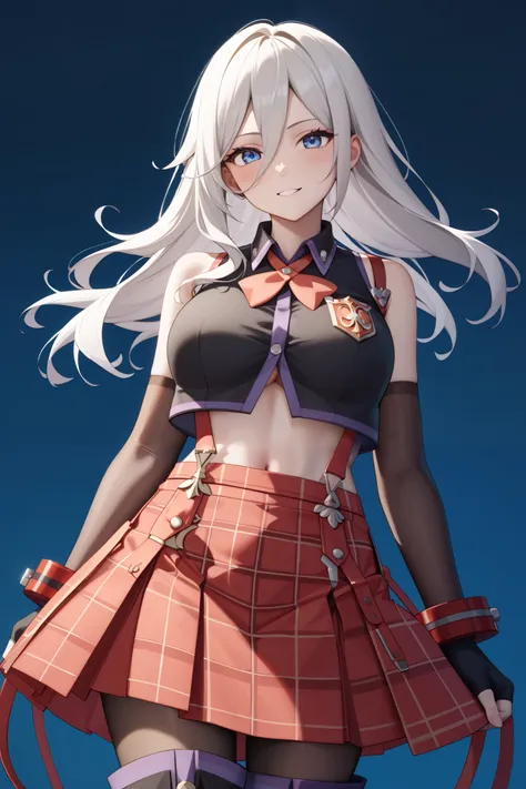 NSFW, Masterpiece, top quality, high resolution, very detailed, Alisa Ilinichina Amiera, long hair、Grey-white hair、blue eyes、 collared sleeveless cropped vest、 red GE bracelet 、 underbust with a humiliating face、 big breasts、belly button、 suspenders skirt、...