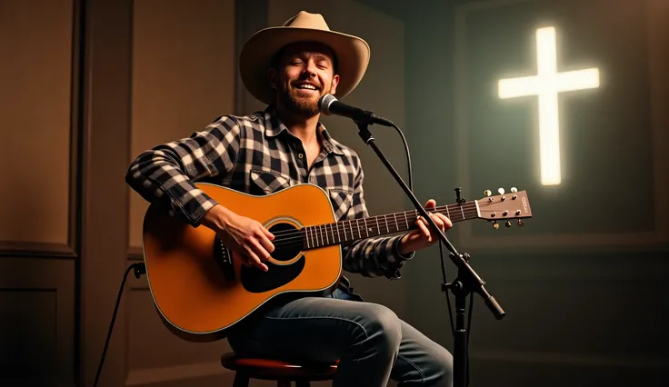 (photorealism:1.2), "A country musician with a warm and soulful expression, sitting on a wooden stool, playing an acoustic guitar and singing into a vintage microphone. He wears a stylish cowboy hat and a plaid flannel shirt, embodying a heartfelt and rust...