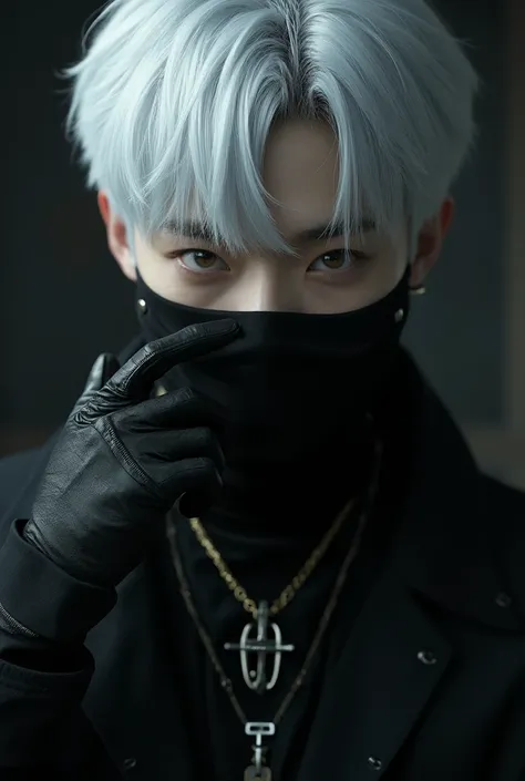 "A highly detailed and ultra-realistic portrait of a young Korean man with white hair, wearing a black outfit with no patterns, a cross necklace, and gloves. He is looking directly at the viewer with an intense gaze, wearing a sleek black mask. His hair fa...