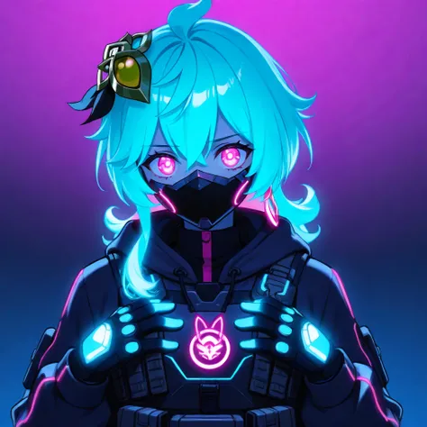 Collei, with futuristic mask on face, with neon blue glowing hair, with glowing neon pink eyes, with neon blue tactical gloves, with futuristic armor on clothes, with tactical pouches on chest, with head in picture, full head in image, with dark shadows fr...