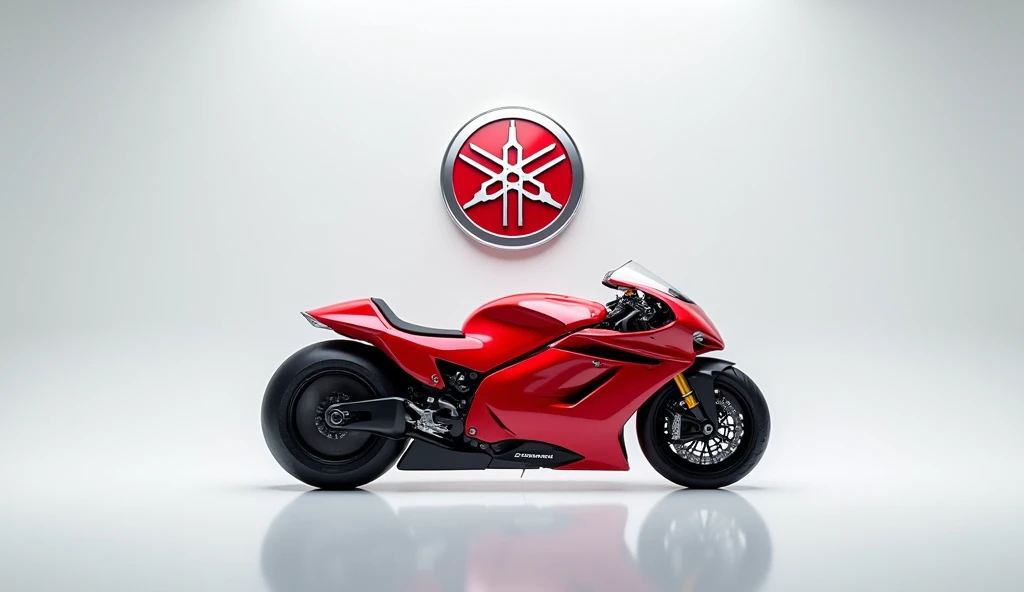 A captivating image of a(Yamaha AG 200 (2025)center stage in a luxurious white showroom. The futuristic, vibrant (red) exterior gleams, showcasing its sleek, aerodynamic design and bold accents. The bike(back foull side)  view highlight the cutting-edge in...