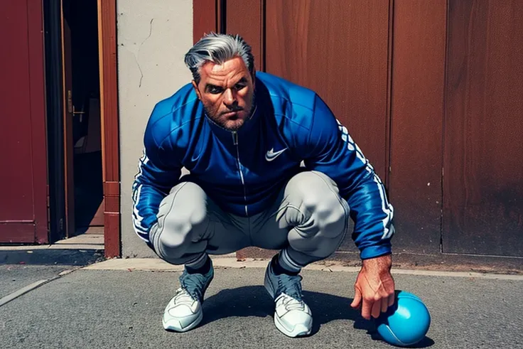 Nino is a 40-year-old man, strong, athletic and handsome. He is a dark man with some gray hair, a beard, green eyes and a somewhat tanned complexion. He is an athletic man and full of energy. He is dressed in a gray Nike tracksuit and white Nike sneakers.
