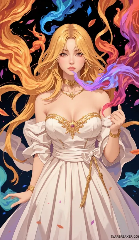 Create an illustration of a golden-haired woman in a white dress, Blowing colored smoke out of the mouth,  inspired by the character Siri from the book Warbreaker, Where do you represent the magic of the literary universe called breaths