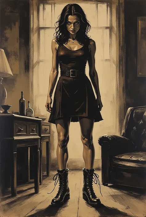 Impresionist primitive Oil painting. A low angle, floor level view of an beautyfull elegant 30 year old european women towering above the viewer, her high heels filling up the foreground. She is looking down at the viewer with an alluring smile, exuding co...