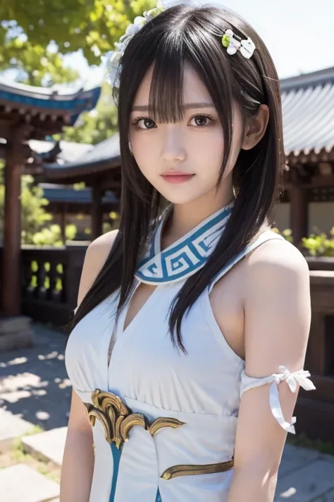 アイドルのようなday本人の女性 , long hair , Straight Hair , Round face , bust up ,  black hair, medium chest ,Luminedef,  upper body, smile, , Outdoors, day,   simple background, blue null,  short hair, null, temple,  is staring at the viewer, stage, Mountain,  Moody W...