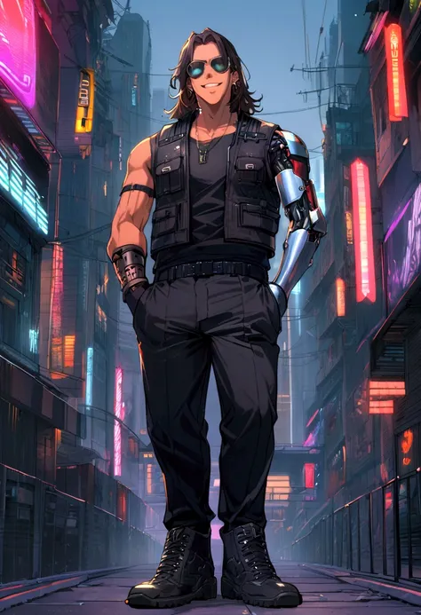 1man, tall, (dark brown hair, medium mullet, clean shaven face, metal prosthetic left arm), city, cyberpunk, ((black vest, black pants, black boots, fingerless gloves, black belt, silver aviator sunglasses)), grin, hands in pockets