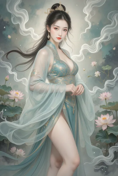 (((( Stand up and take a picture and reflect :1.5)))),,((((standing split:1.8)))),shinano cosplay costume, cosplay, Thigh socks, heels, Traditional Hanfu:1.8,Panties point of view , part of a fox's tail , Multiple tails, deep into the fantasy world ...