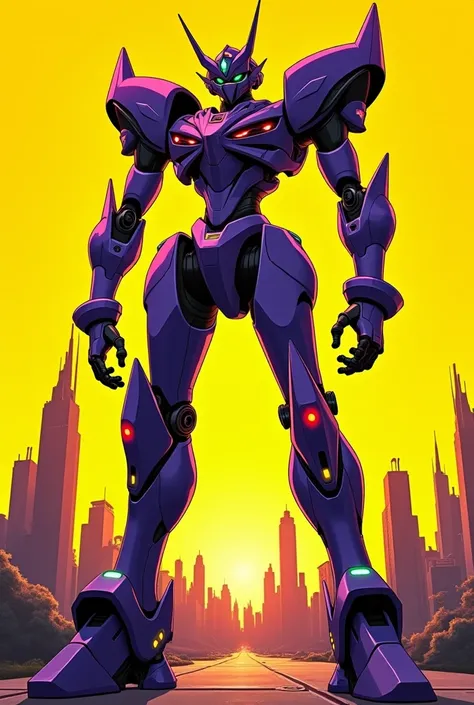 EVA 001 from Neon Genesis Evangelion (90's Anime Art Style) with a yellow background with a city in the background