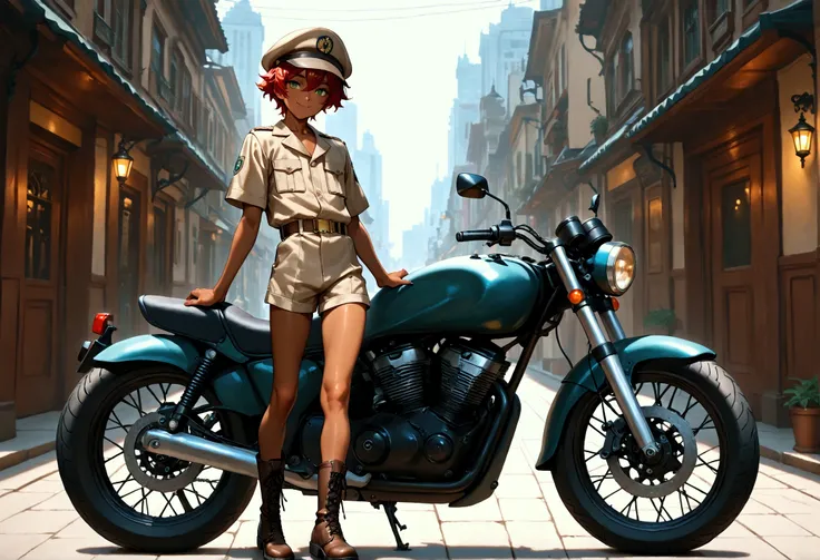 1boy, young male, skinny, dark copper tan skin, solo, red hair, short hair, khaki uniform, cap, short pants, green eyes, parked motorcycle, city street, lower buildings, standing on the street, smile, masterpiece, best quality, cinematic lighting, black la...