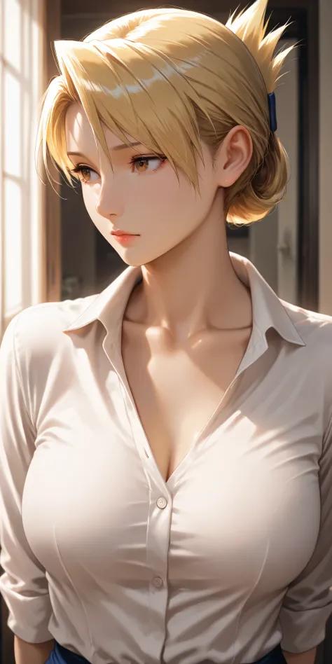 Masterpiece, very aesthetic, vibrant, high contrast, mature woman, riza hawkeye, brown eyes, upper body, medium breasts, white collared shirt, collarbone, best quality, home, semrealistic, , sophisticated