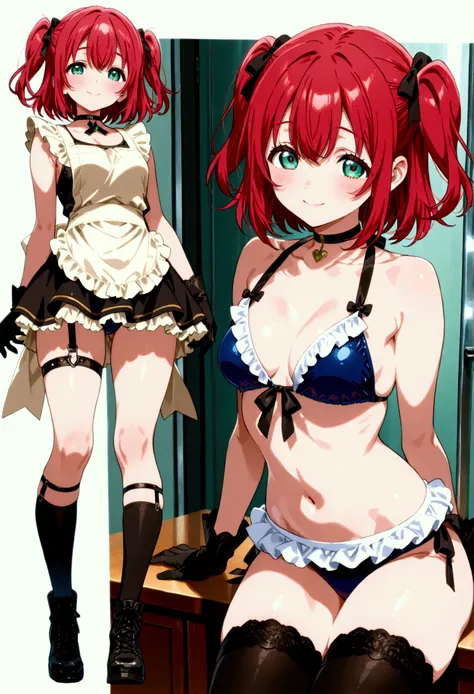  Kurosawa Ruby、  short hair、bangs、(  GREEN EYES:1.3)、 Red Hair 、Aqua Hitomi  、  two side up  、 swimsuit 、smile、  Masterpiece、  Super Detail、  open their mouths、whole body、  Overknee Socks  、  choker 、  black gloves、 garter ring、 back、Two views、 standing、 a...