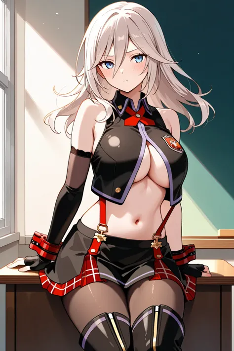 NSFW, Masterpiece, top quality, high resolution, very detailed, Alisa Ilinichina Amiera, long hair、Grey-white hair、blue eyes、 collared sleeveless cropped vest、 red GE bracelet 、 underbust with a humiliating face、 big breasts、belly button、 suspenders skirt、...