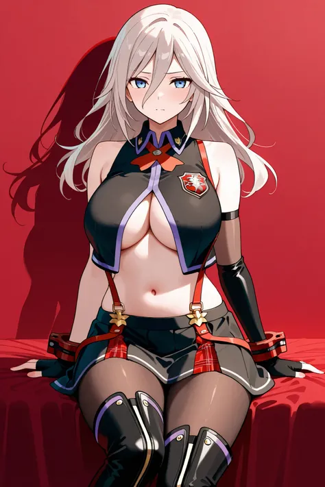 NSFW, Masterpiece, top quality, high resolution, very detailed, Alisa Ilinichina Amiera, long hair、Grey-white hair、blue eyes、 collared sleeveless cropped vest、 red GE bracelet 、 underbust with a humiliating face、 big breasts、belly button、 suspenders skirt、...