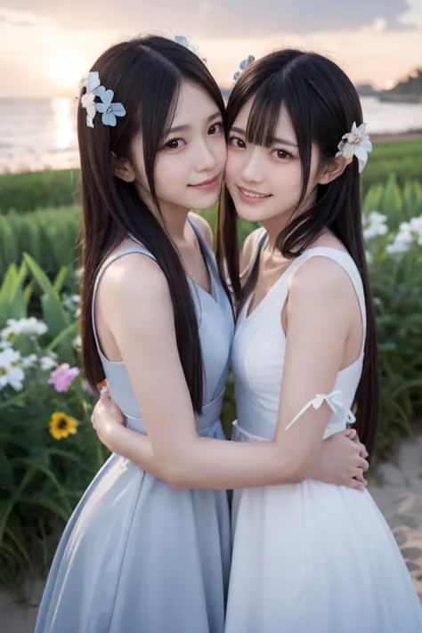  idol-like Japanese women hugging each other on the beach , long hair , Straight Hair , Round face , bust up ,  black hair, medium chest ,Luminedef, smile,    is staring at viewers,  colorful flower fields,romantic sunset,