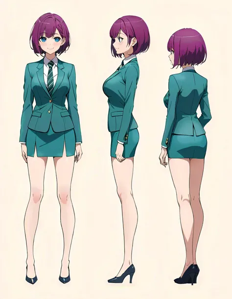 (masterpiece), (best quality), (highres), 1girl, solo, highly detailed, green suit and tie, pencil skirt, miniskirt, bare legs, matching shoes, looking at viewer, perfect hands, perfect eyes, perfect legs, perfect arms, perfect fingers, medium breasts, pur...