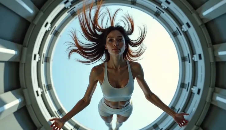 Front view of a 24-year-old woman. She is stretched out, floating with her feet back to the point where her feet cannot be seen. She is in a sort of tunnel in a space station. She is wearing a futuristic crop top, tight around her body, and her long hair i...