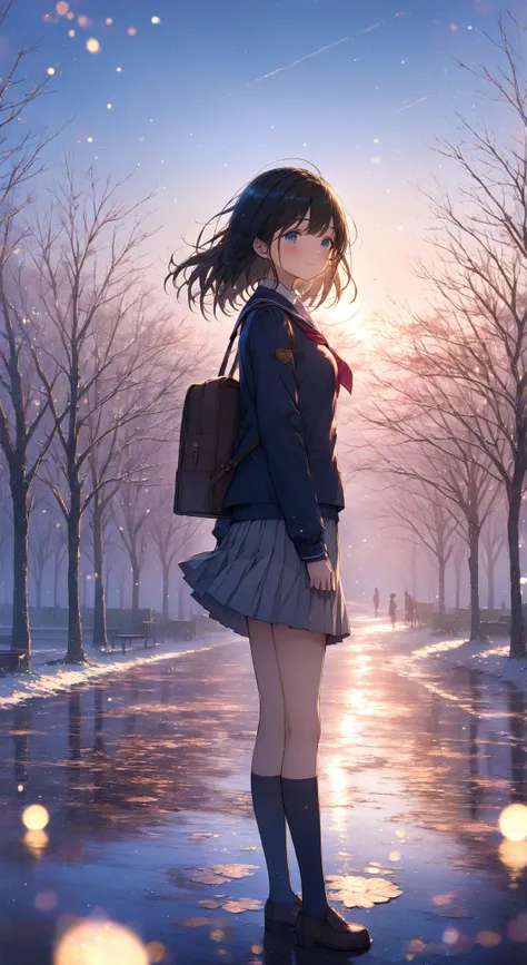 Masterpiece,  High Quality ,  high resolution, 16k,   Makoto Shinkai illustration  , Background details, Digital Paint, Winter, Valentine's Day, chocolate, youth, girls, school uniforms, Landscape, Allow depth of field, Bokeh, Gradient Magic Effect, Foggy ...