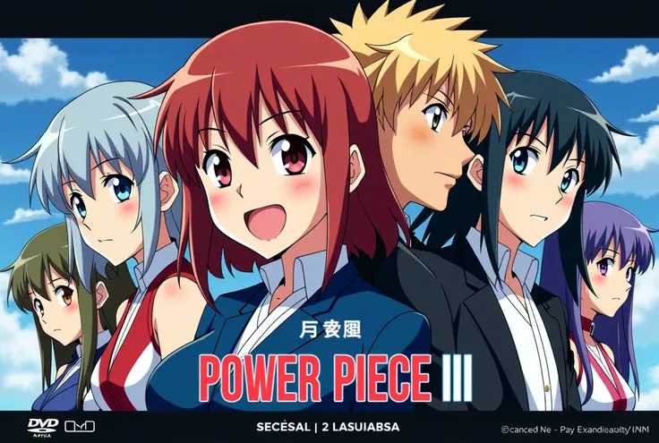 je voudrais une affiche d'anime qui dise 
televisée gratuite power piece II en lettre Japonais. avec plusieurs personnage charismatic. en Arrière plan.
[date ]
[DVD ]

logo de seaArt.