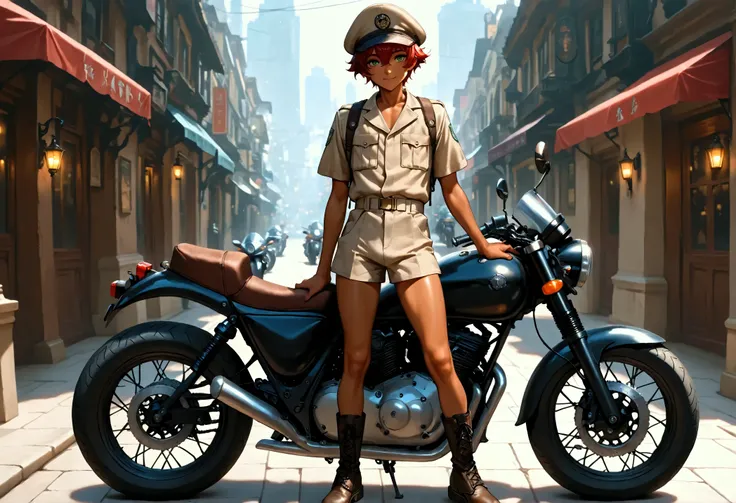 1boy, young male, skinny, dark copper tan skin, solo, red hair, short hair, khaki uniform, cap, short pants, green eyes, parked motorcycle, city street, lower buildings, standing on the street, smile, masterpiece, best quality, cinematic lighting, black la...