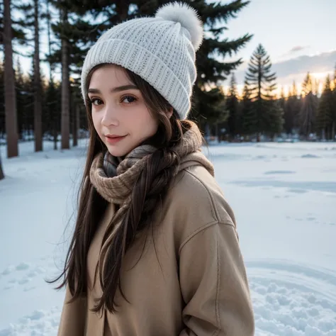 a woman standing in the snow wearing a hat and scarf, long hair, skirt, brown hair, brown eyes, outdoors, sweater, tree, winter