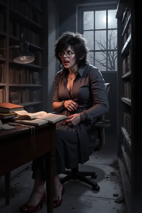 At the end of a dark corridor lies the abandoned forbidden wing of the library. Dust and cobwebs cover the books and shelves in this long forgotten space. At the center of the forbidden wing, a nerdy female librarian sits at a desk illuminated only by the ...