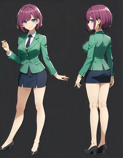 (masterpiece), (best quality), (highres), 1girl, solo, highly detailed, green suit and tie, pencil skirt, miniskirt, bare legs, matching shoes, looking at viewer, perfect hands, perfect eyes, perfect legs, perfect arms, perfect fingers, medium breasts, pur...