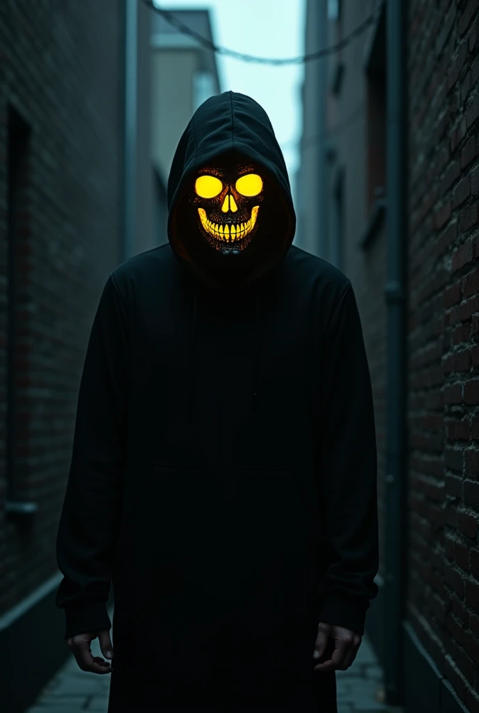 A person wearing a black hoodie with the hood up, standing in a narrow alleyway. Their face is obscured by a glowing yellow skull mask, which features intricate details. The background consists of dark brick walls, creating a moody atmosphere. The overall ...