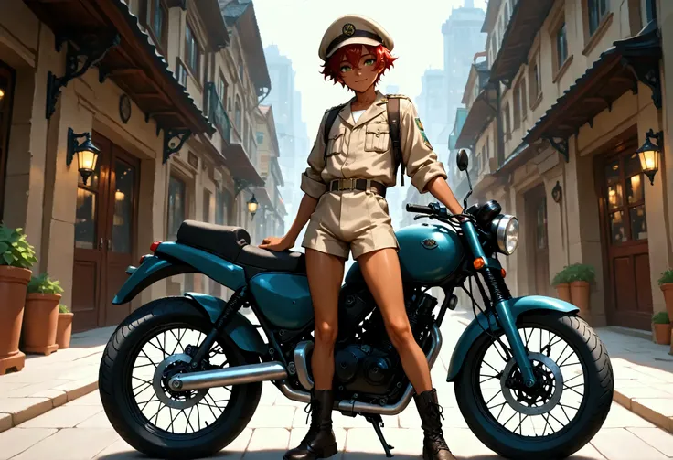 1boy, young male, skinny, dark copper tan skin, solo, red hair, short hair, khaki uniform, cap, short pants, green eyes, parked small motorcycle, city street, lower buildings, standing on the street, smile, masterpiece, best quality, cinematic lighting, bl...