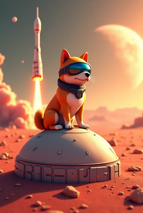 A Shiba Inu (Dogecoin’s mascot) wearing a cyberpunk visor, sitting proudly on top of a Martian dome city labeled DOGEBURG. In the background, there’s a sleek SpaceX rocket taking off, with the red surface of Mars and Earth faintly visible in the distance.