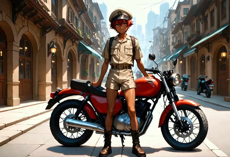1boy, young male, skinny, dark copper tan skin, solo, red hair, short hair, khaki uniform, cap, short pants, green eyes, parked small motorcycle, city street, lower buildings, standing on the street, smile, masterpiece, best quality, cinematic lighting, bl...