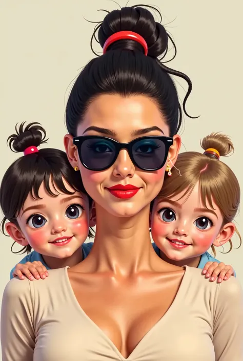 The front face of a woman , with a high ponytail and sunglasses with a three-year-old boy and a  girl with light hair ,loose hair with a headband