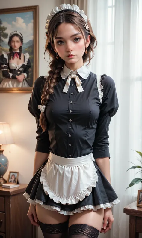 score_9, score_8_up, score_7_up, score_6_up, photo, realism, photorealistic, slutty maid, shirt skirt, stockings, braided hair