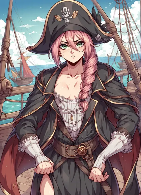 Adult woman, angry, bad, understood pirate,evil,boss,dark Shadow,Captain of a pirate ship, captain's hat,Girl,Solo,bloodborne,solo,Pink hair, Female,hot sexy pose,Burnt face,character black and white only masked covered in Blue Background ,handsome,evil, G...