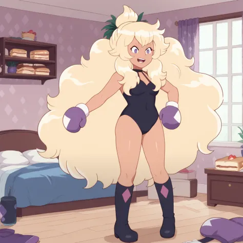 smile, light tanned skin, full body, Purple boxing gloves with a white diamond, Solo, Toast_BAP, long fluffy hair, in a bedroom, 1girl, black leotard, expressive eyes, standing, black high boots, blonde hair, Score_9