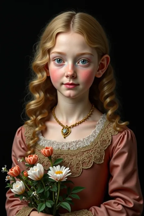 (best quality,4k,8k,highres,masterpiece:1.2), ultra-detailed, (realistic,photorealistic,photo-realistic:1.37),In the portrait of this enchanting 14-year-old girl, the daughter of a prosperous merchant during the flourishing 17th century in the Netherlands,...