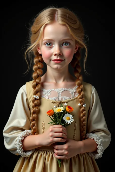 (best quality,4k,8k,highres,masterpiece:1.2), ultra-detailed, (realistic,photorealistic,photo-realistic:1.37),In the portrait of this enchanting 14-year-old girl, the daughter of a prosperous merchant during the flourishing 17th century in the Netherlands,...