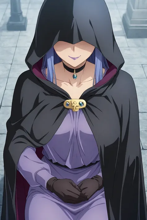 high resolution, masterpiece, necessary, detail, best quality, quality, necessary, details, High details, Precise, 
 
1girl_ ufotable style, ufotable anime, 

medea (fate), blue hair, purple lips, long hair, covered eyes, black choker, hooded cloak, hood u...