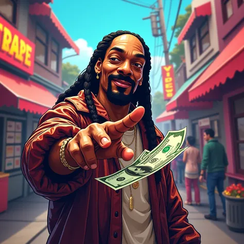 Vibrant art illustration. Snoop Dogg stretches his hand forward in front of him and gives a wad of money "into the screen". Snoop Dogg winks. There is a vibe town