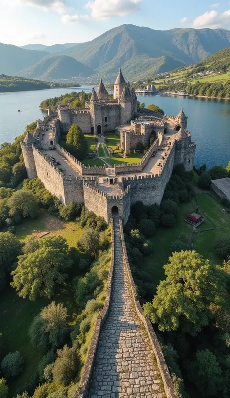 A bustling Medieval era fortified island village surrounded by defensive stone walls. It has a fortified port and harbor as well