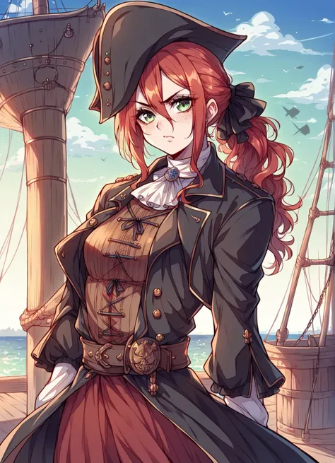 Adult woman, angry, bad, understood pirate,evil,boss,dark Shadow,Captain of a pirate ship, captain's hat,Girl,Solo,bloodborne,solo,red hair, Long braid,Female,hot sexy pose,Burnt face,character black and white only masked covered in Blue Background ,handso...