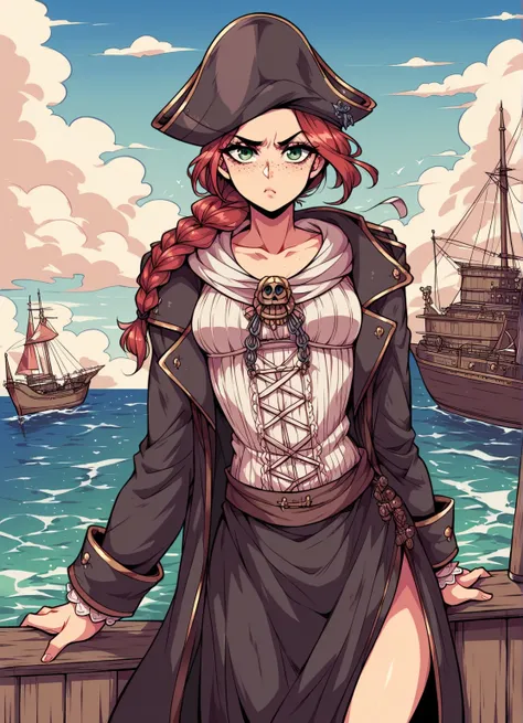 Adult woman, angry, bad, understood pirate,evil,boss,dark Shadow,Captain of a pirate ship, captain's hat,Girl,Solo,bloodborne,solo,red hair, Long braid,Female,hot sexy pose,Burnt face,character black and white only masked covered in Blue Background ,handso...