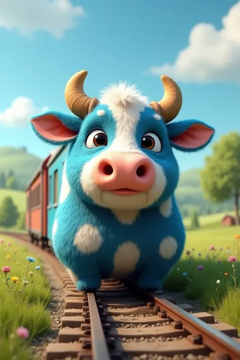 A blue train dressed as a cow