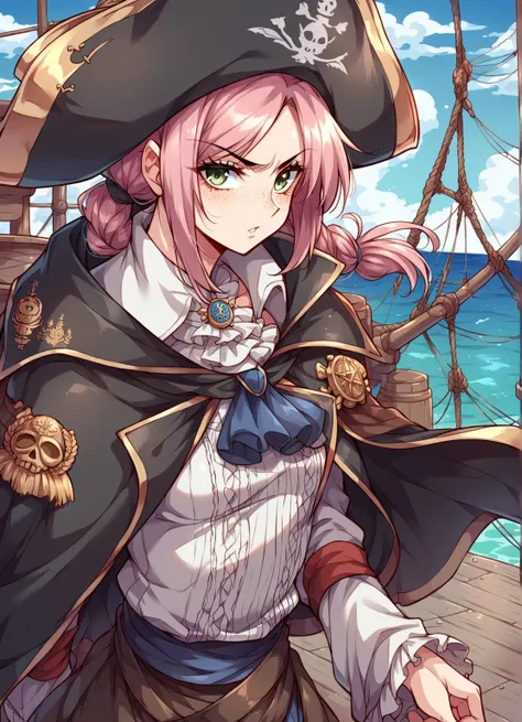 Adult woman, angry, bad, understood pirate,evil,boss,dark Shadow,Captain of a pirate ship, captain's hat,Girl,Solo,bloodborne,solo,Long braid Pink hair, Female,hot sexy pose,Burnt face,character black and white only masked covered in Blue Background ,hands...