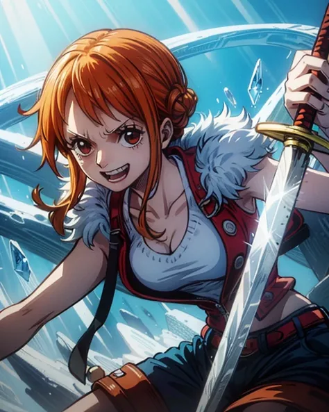 (最高 Masterpiece,  top quality, 4K, 8k,  high resolution, Masterpiece:1.2), Nami in One Piece,smile,( paladin),Miracle,Power Spot, fantastic world,white light spot,(Holy Sword), She's on an adventure to defeat the Demon King,He is a master of swordsmanship,...