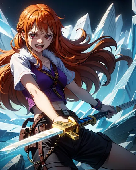 (最高 Masterpiece,  top quality, 4K, 8k,  high resolution, Masterpiece:1.2), Nami in One Piece,smile,( paladin),Miracle,Power Spot, fantastic world,white light spot,(Holy Sword), She's on an adventure to defeat the Demon King,He is a master of swordsmanship,...